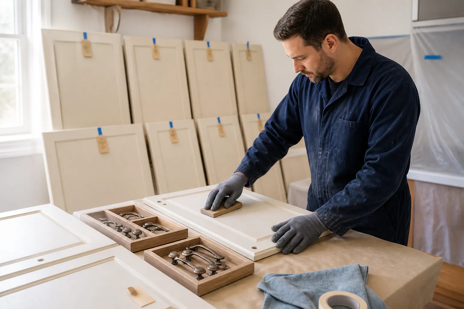 Prepared cabinet surfaces and organized hardware.