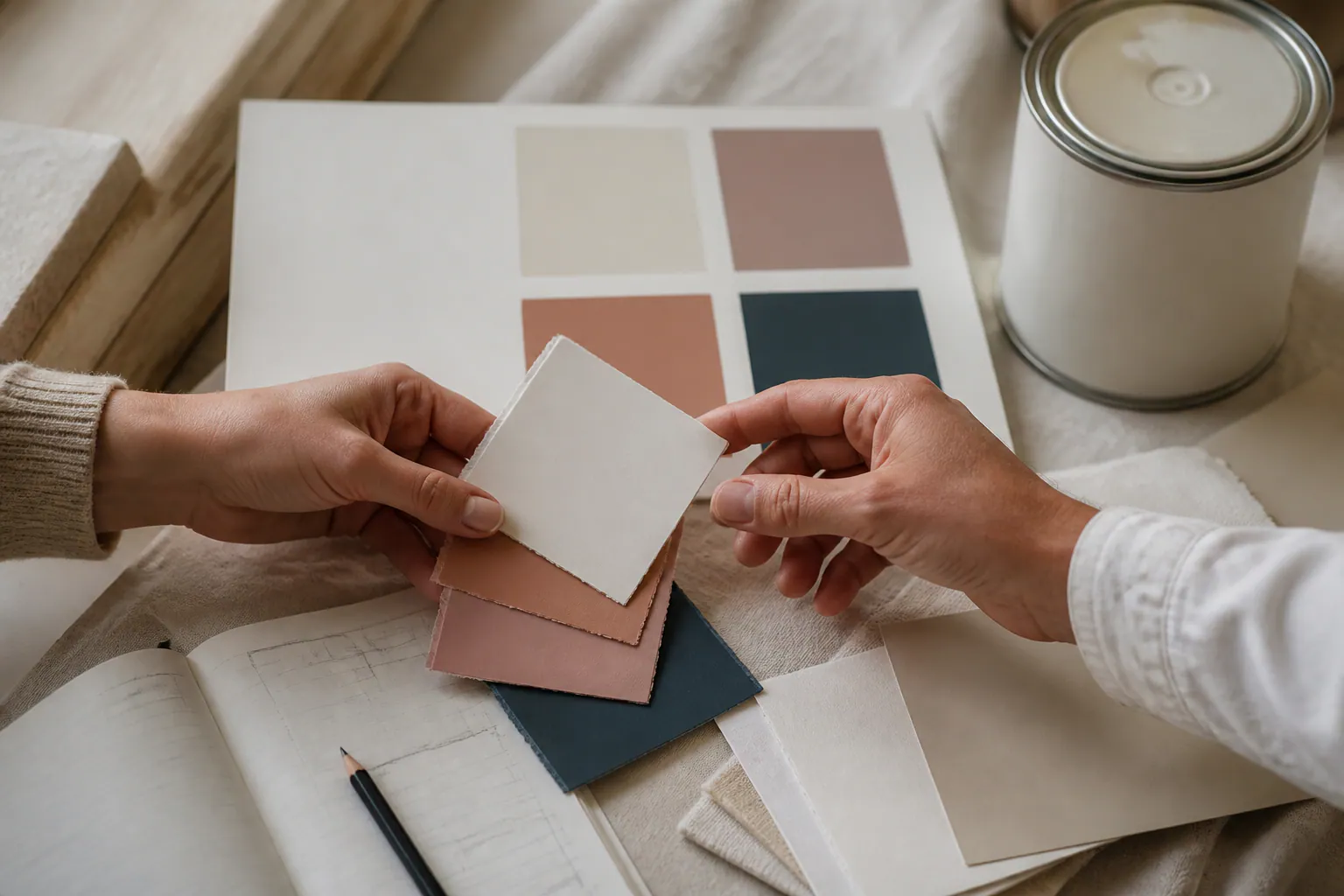 Paint colors and finish samples being compared.