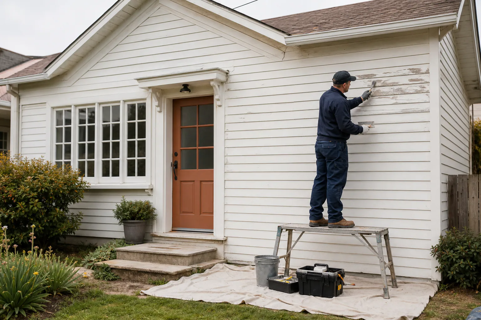 A painter preparing weathered exterior siding.