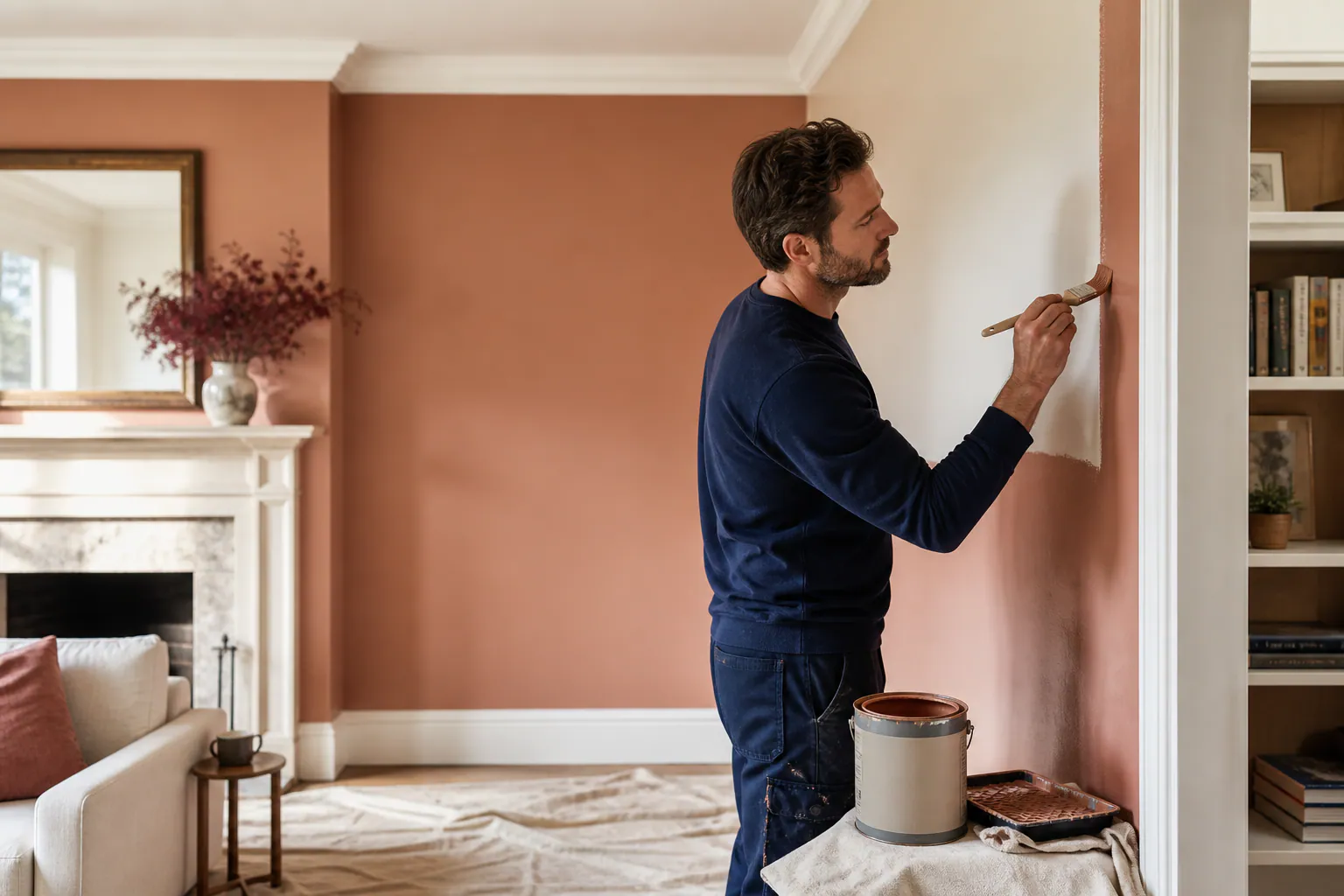A professional painter carefully cutting in an interior wall beside crisp white trim.