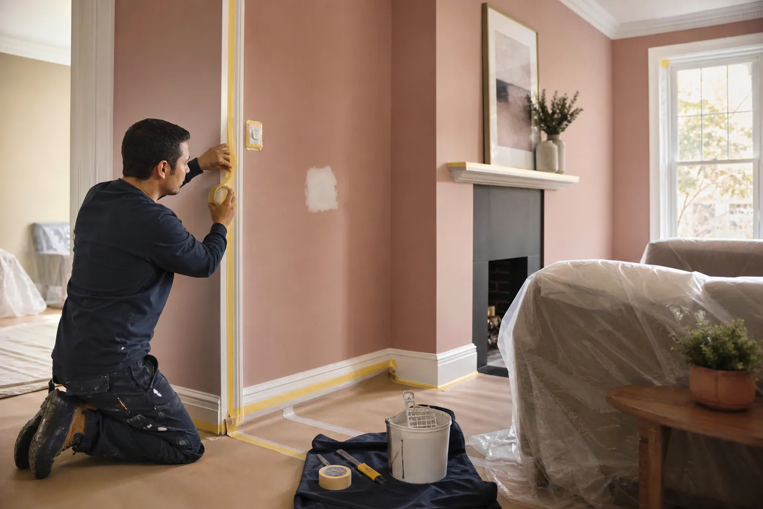A painter protecting and preparing an occupied room.